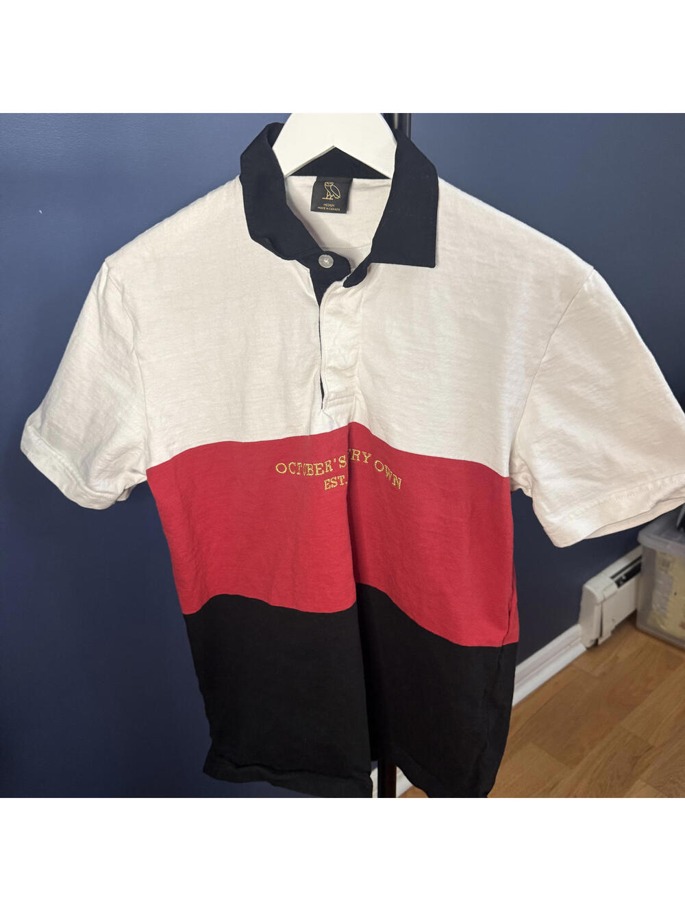 OvO, Rugby Style Polo Shirt, Black/White/Red, Mens Medium, Made in Canada